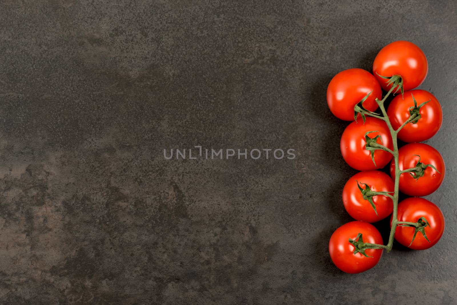 Tomatoes on dark table with copy space