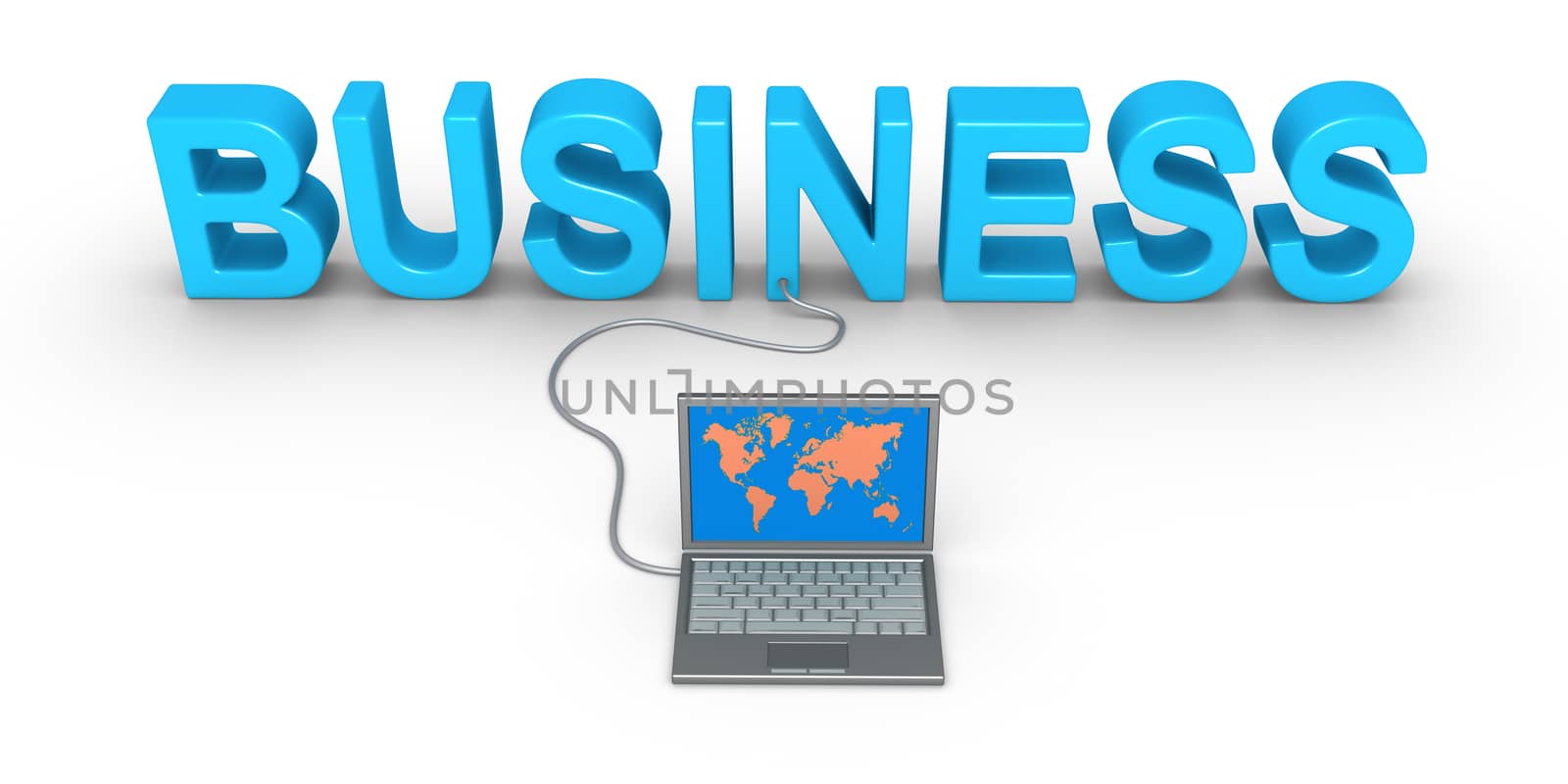 Business word and a laptop is connected to it