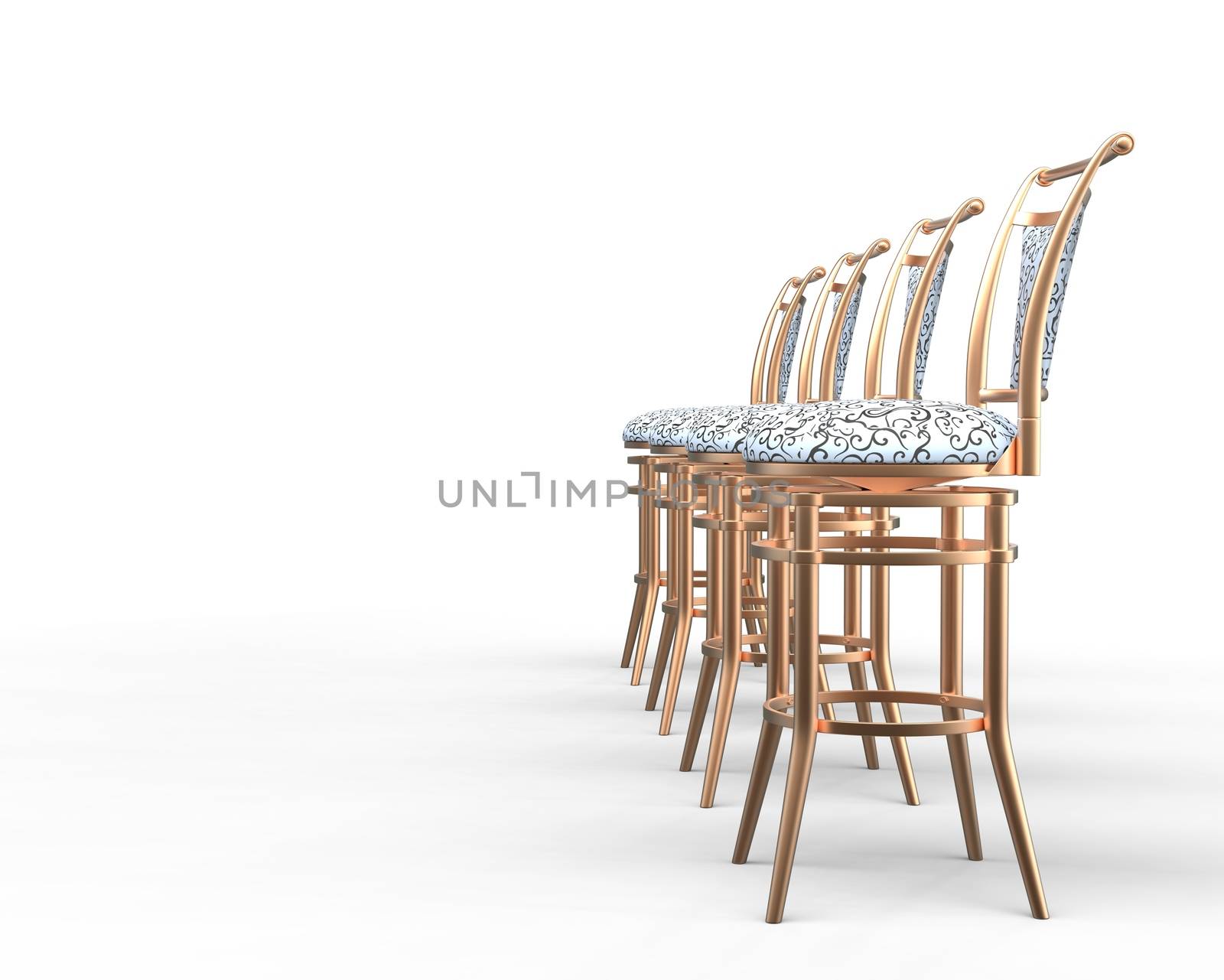 Four coffee shop chairs on white background - side view.
