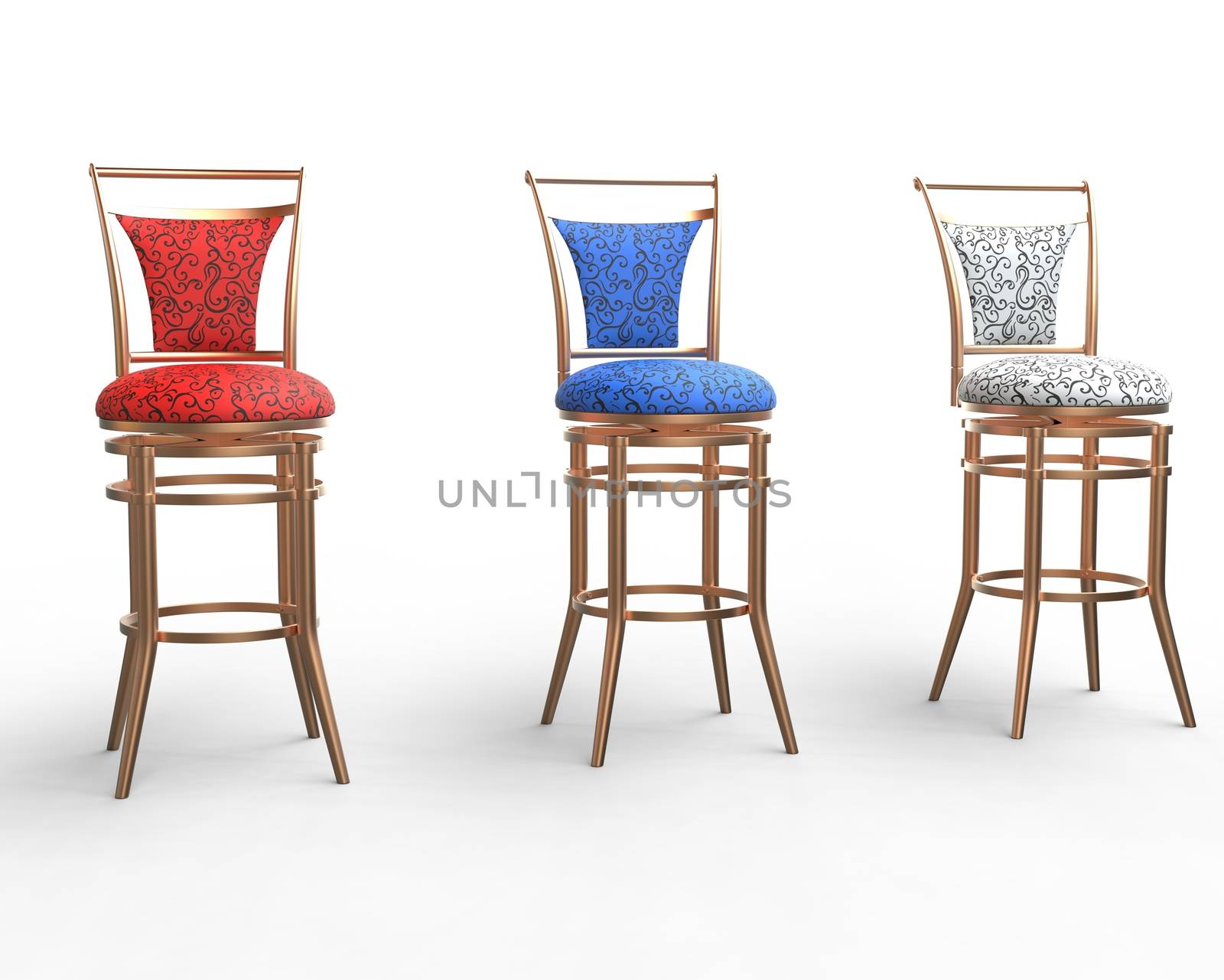 Red, blue and white coffee shop chairs on white background.