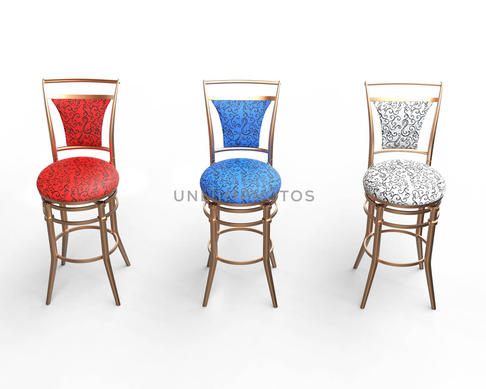 Red, blue and white coffee shop chairs on white, top view.