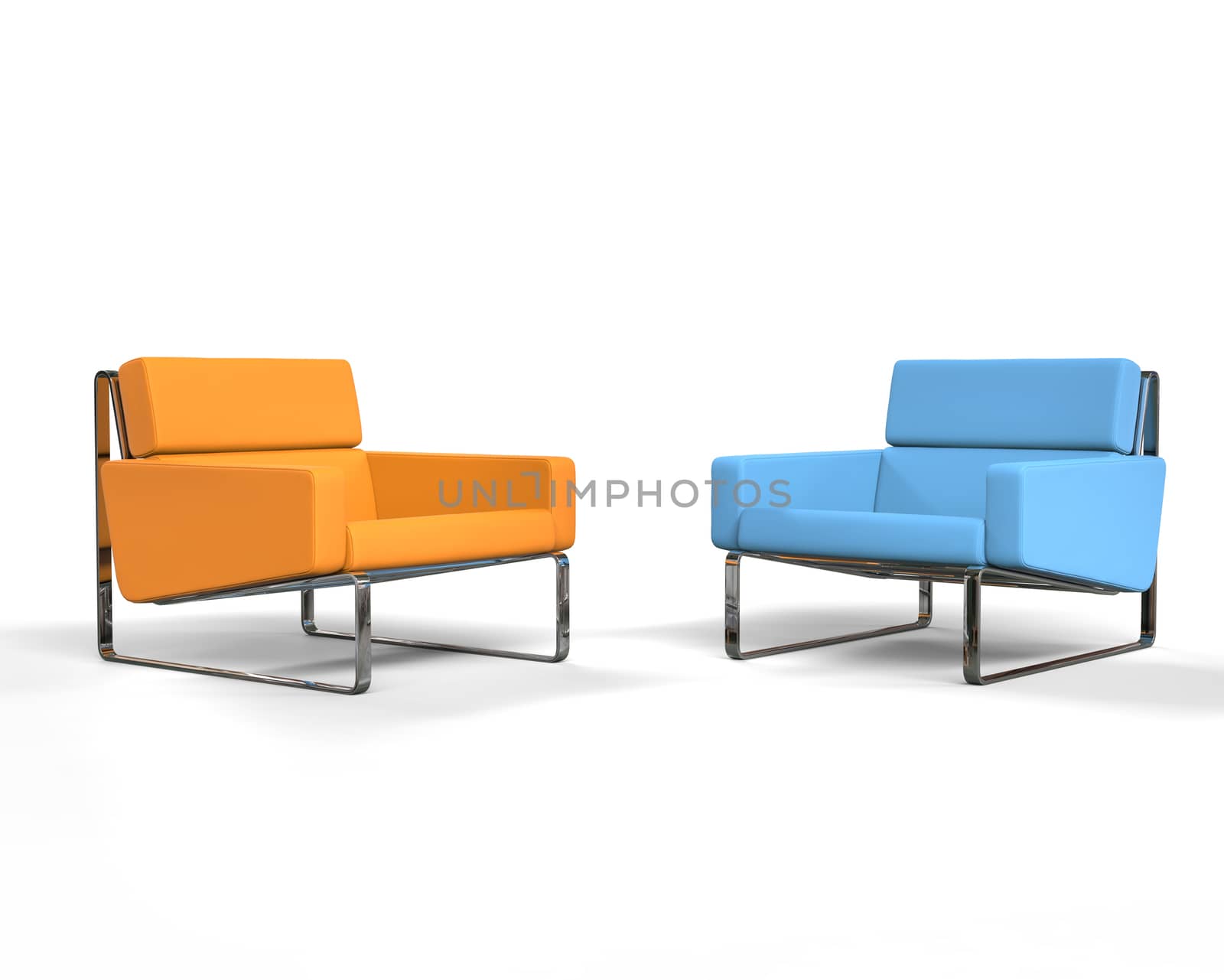 Orange and blue modern armchair isolated on white background