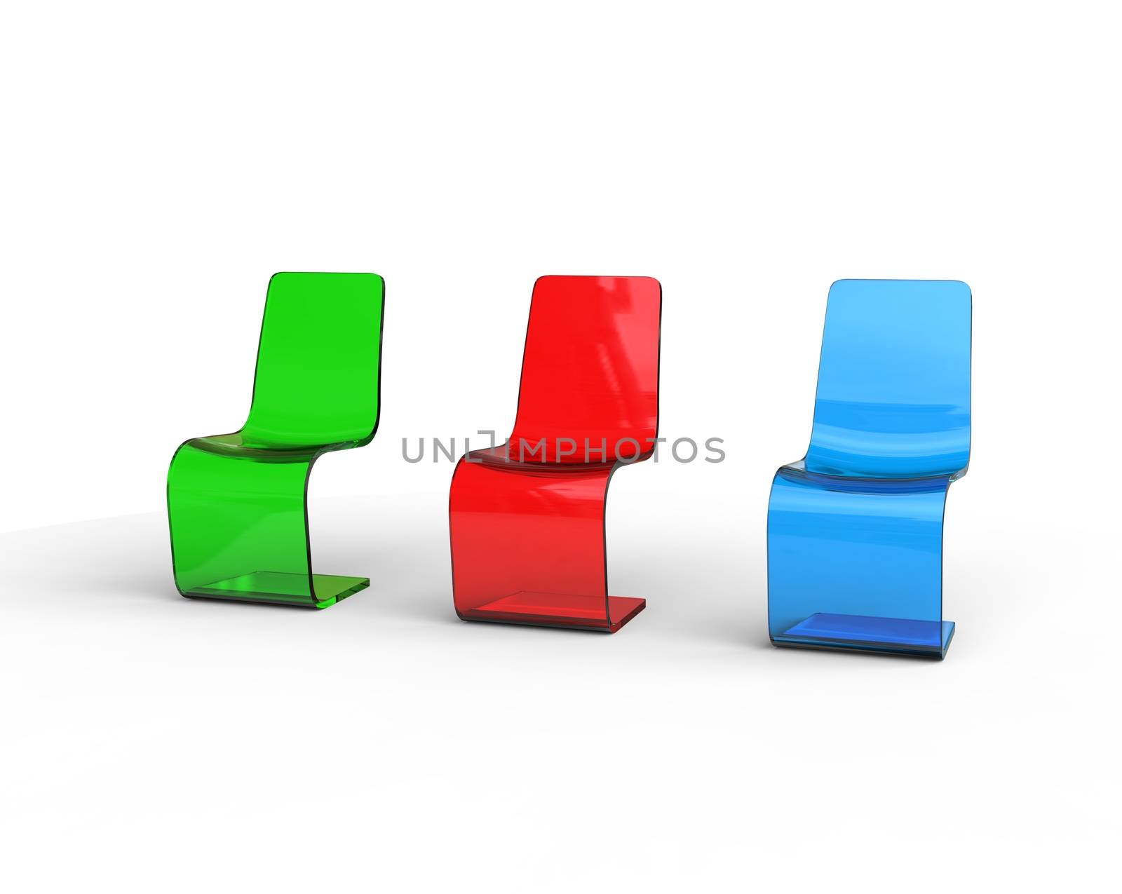 Futuristic green, red and blue plastic chairs on white.