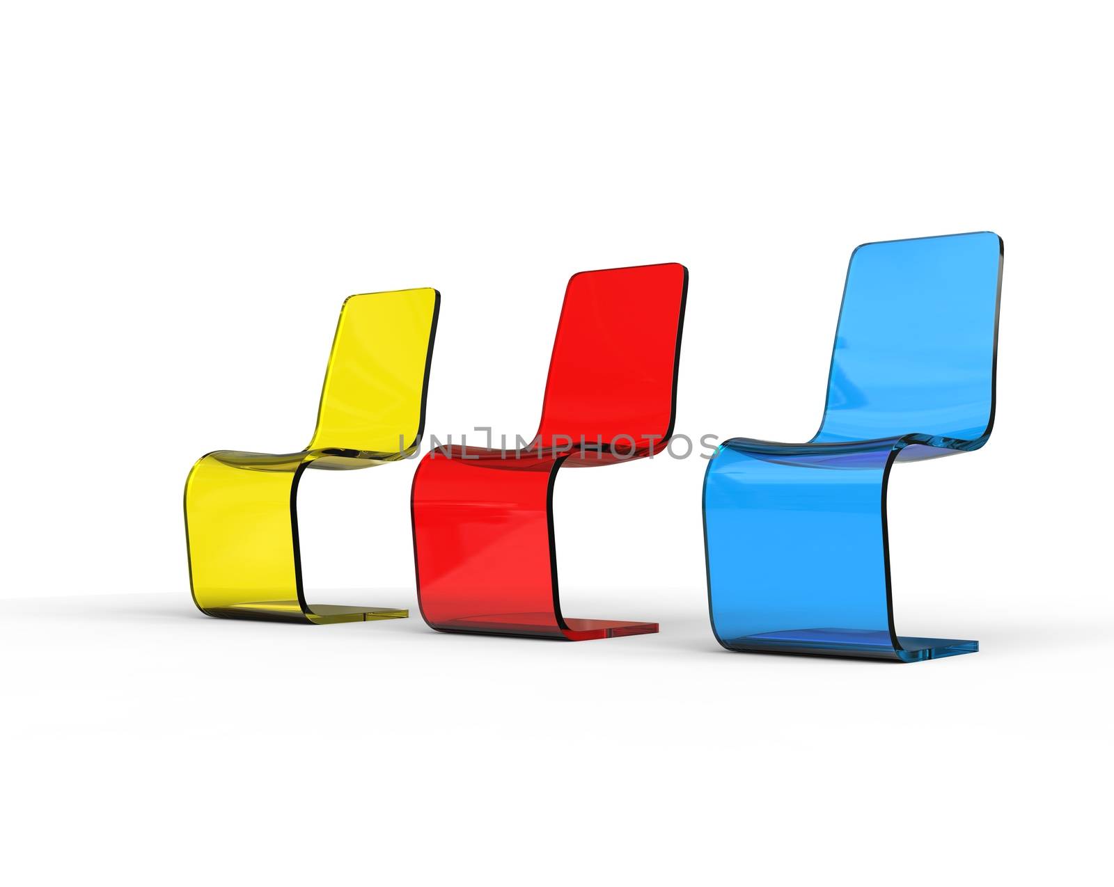 Futuristic yellow, red and blue plastic chairs on white.