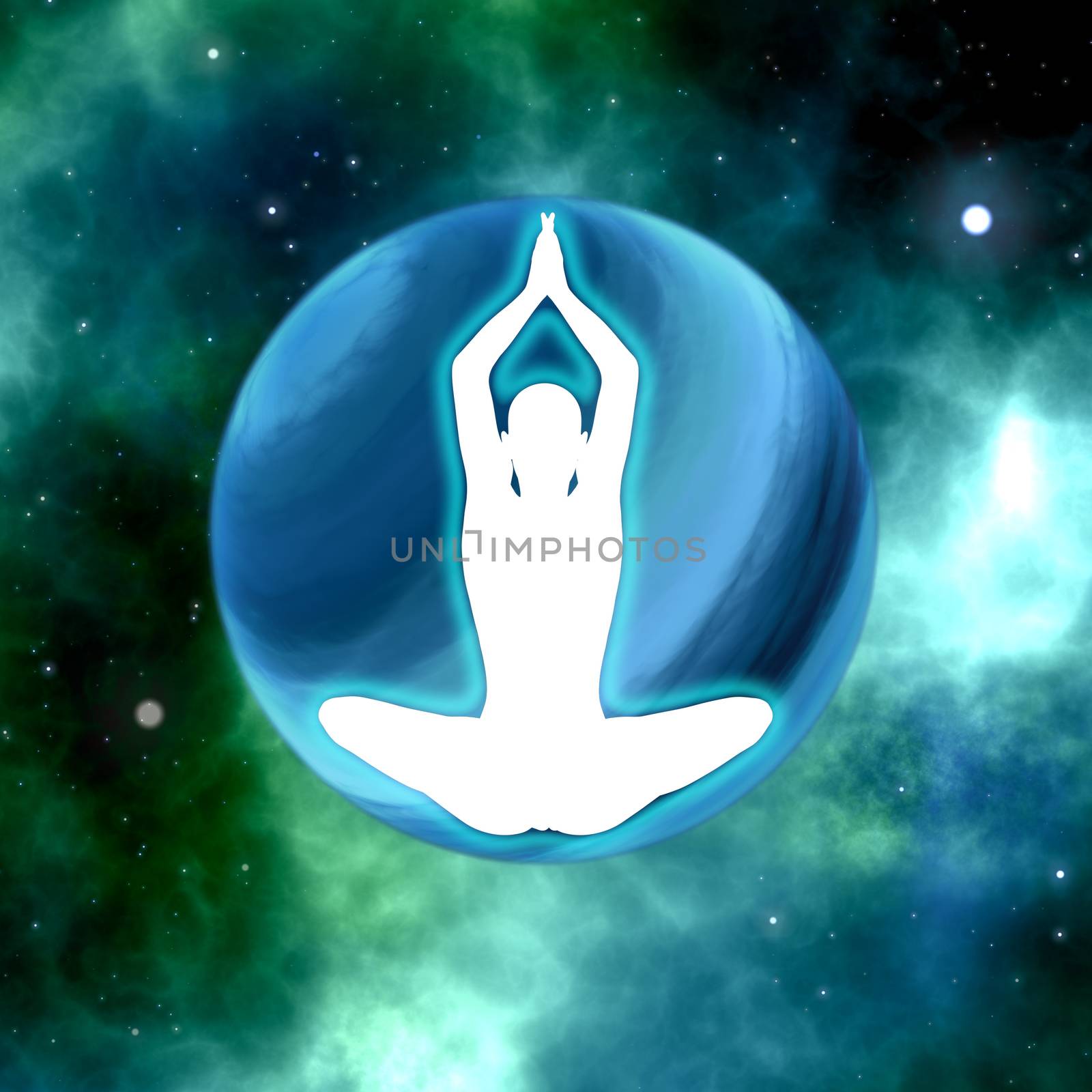 Silhouette practicing yoga in space background by ankarb