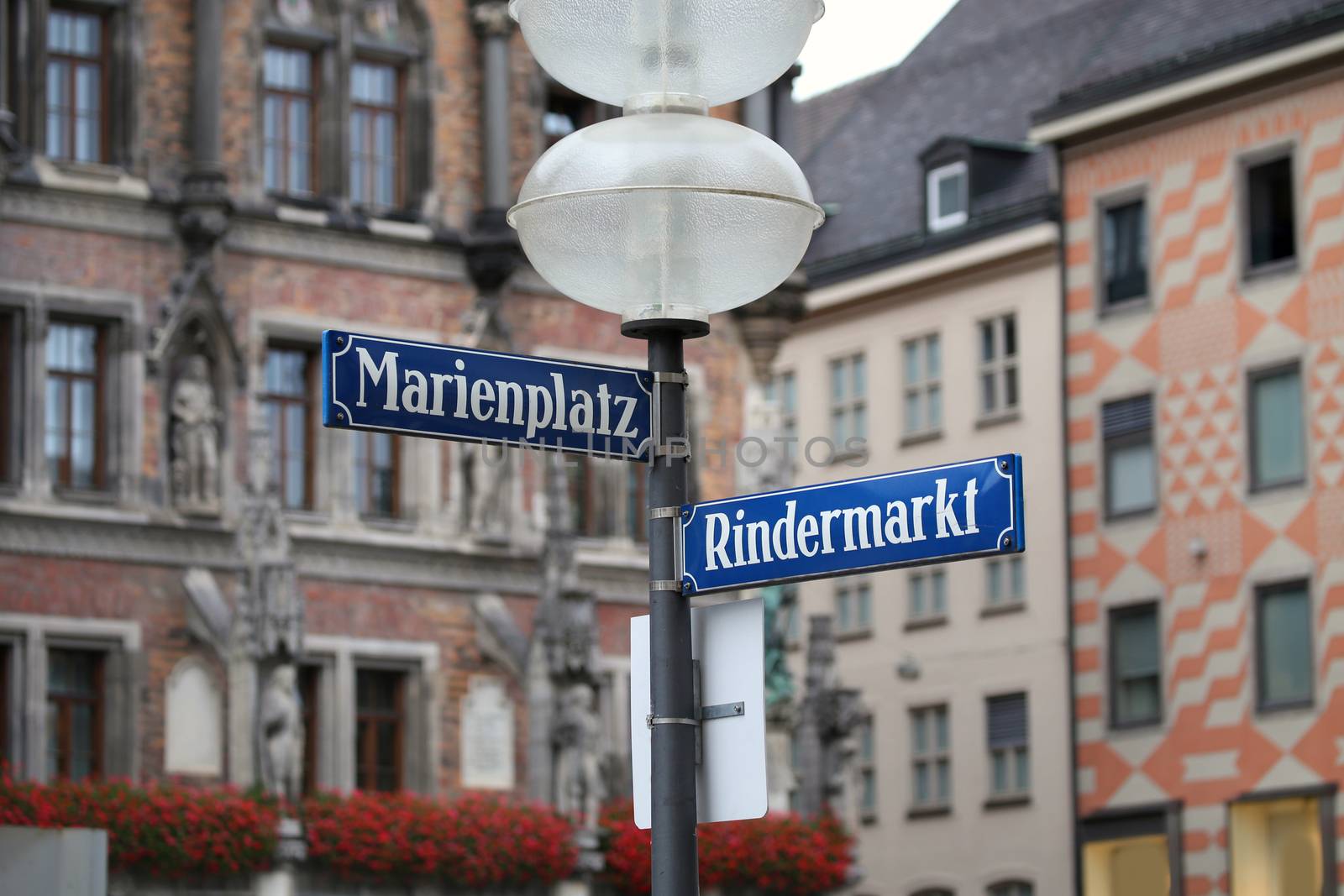Marienplatz and Rindermarkt  street and square name on the Marienplatz in Munich, German