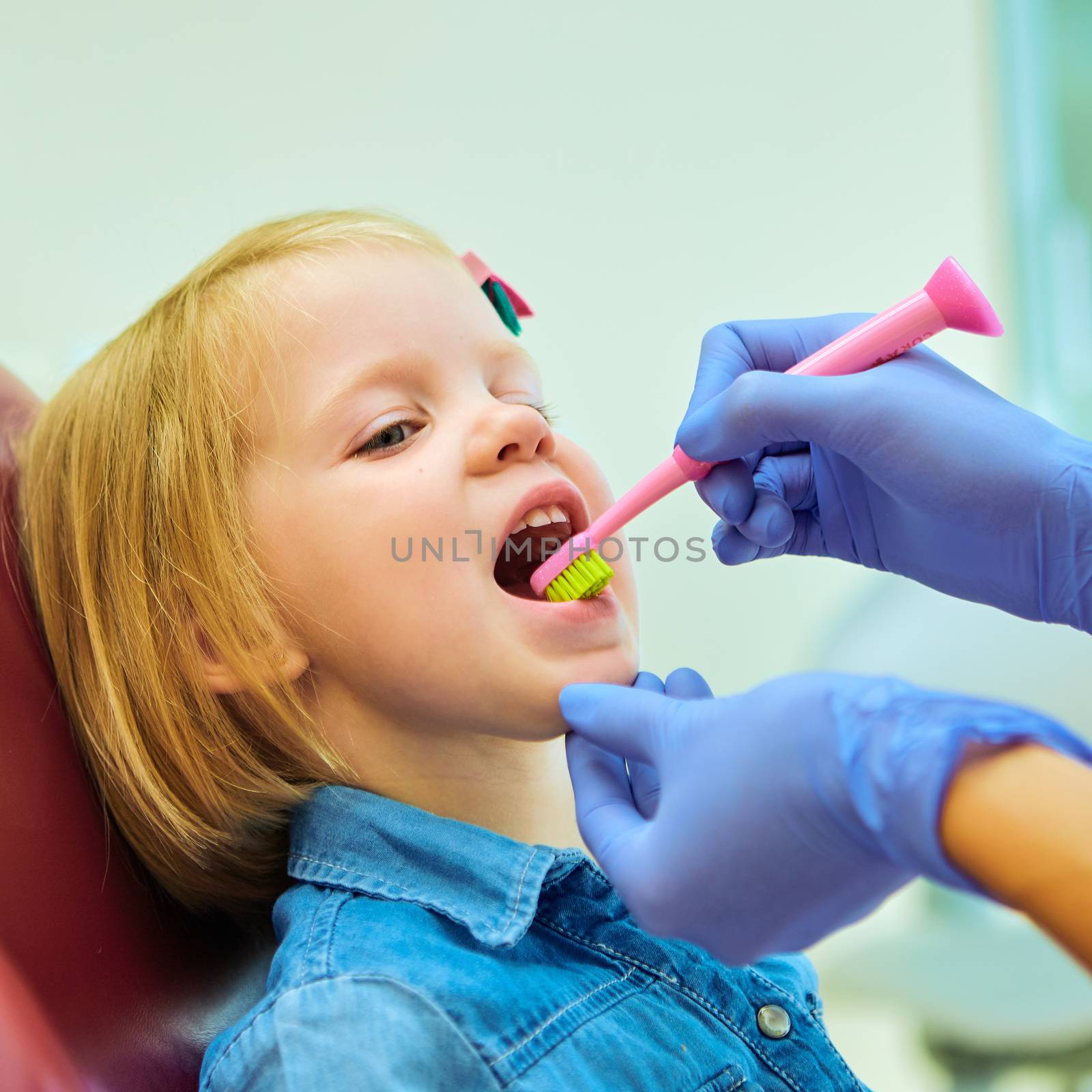 Little patient at the dentist office. The dentist brushes teeth to the little girl