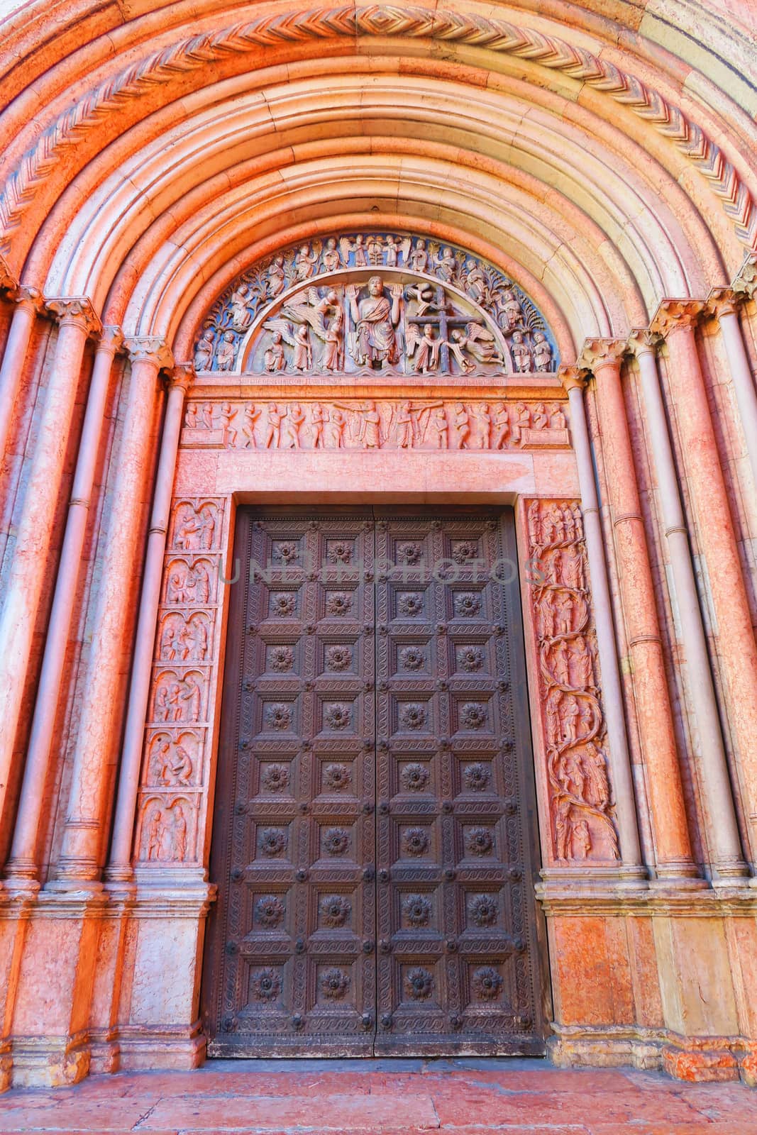 Portal of the Baptistery of Parma depicting the Last Judgment. Designed and decorated by Benedetto Antelami in the thirteenth century. The sculptures that decorate the Baptistery are among the most important of the period