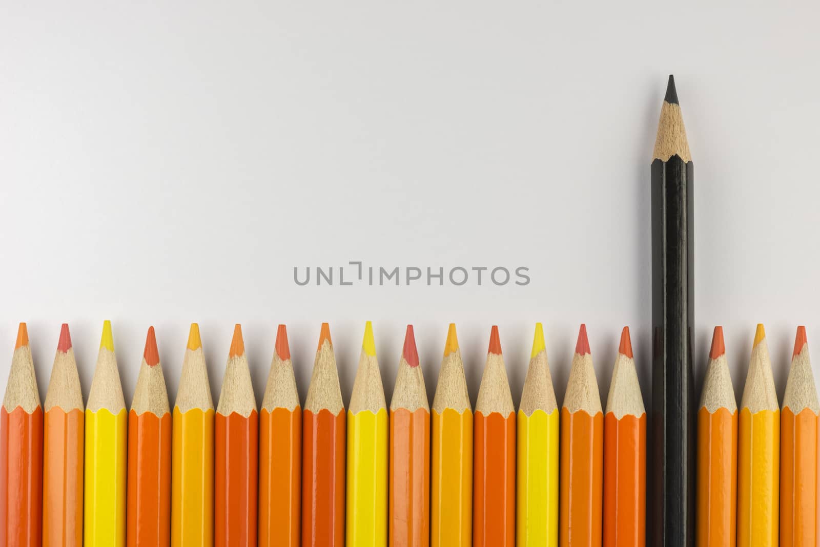 Abstract composition of a set wooden colour pencils against a white background
