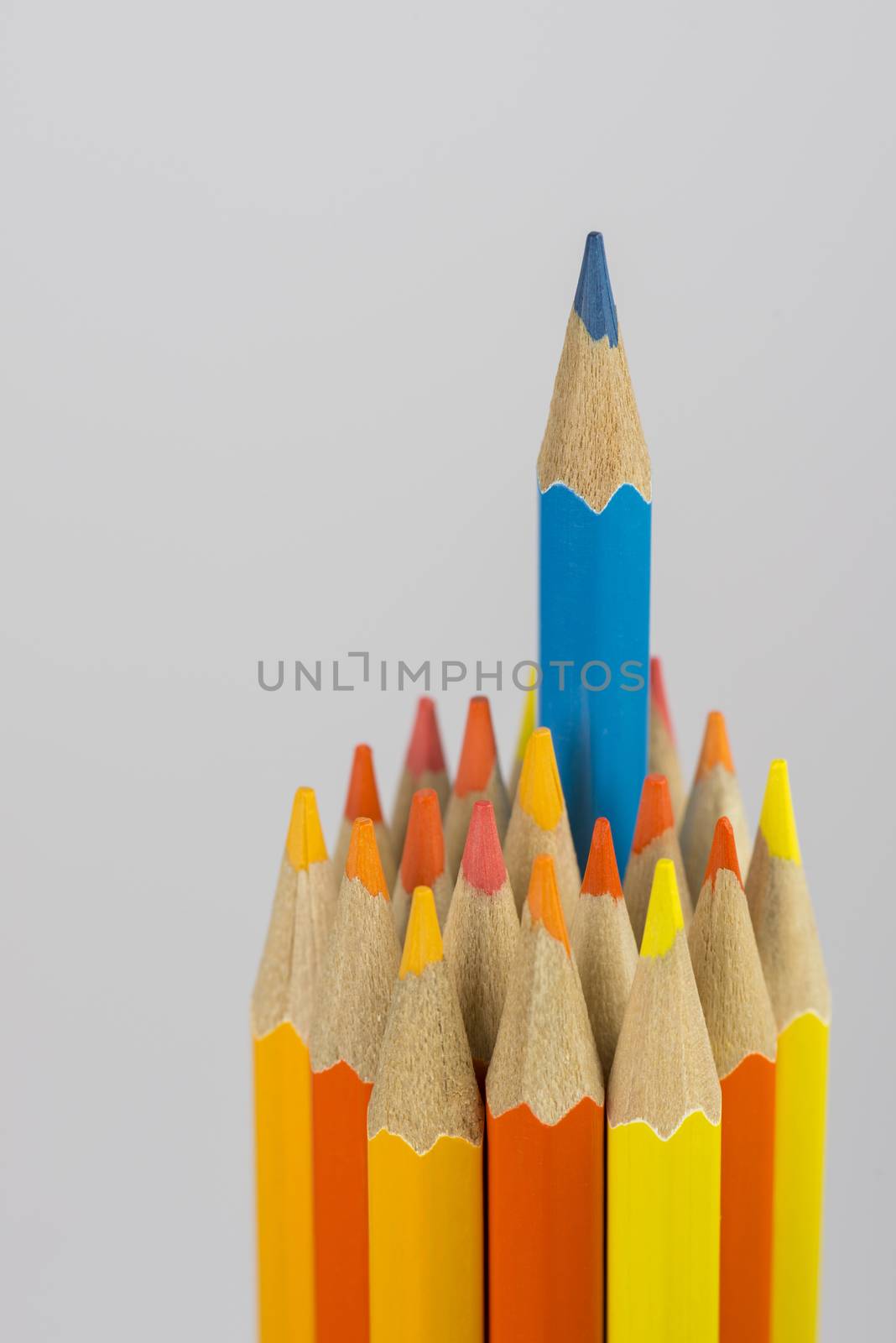 Abstract composition of a set wooden colour pencils against a white background
