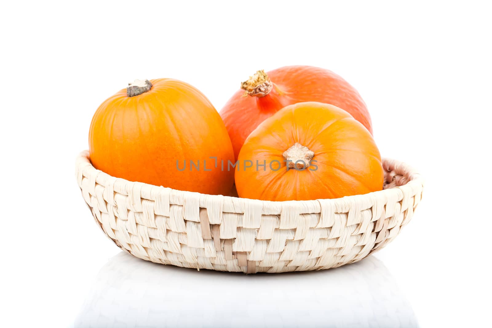 yellow pumpkins vegetables in basket, isolated on white background