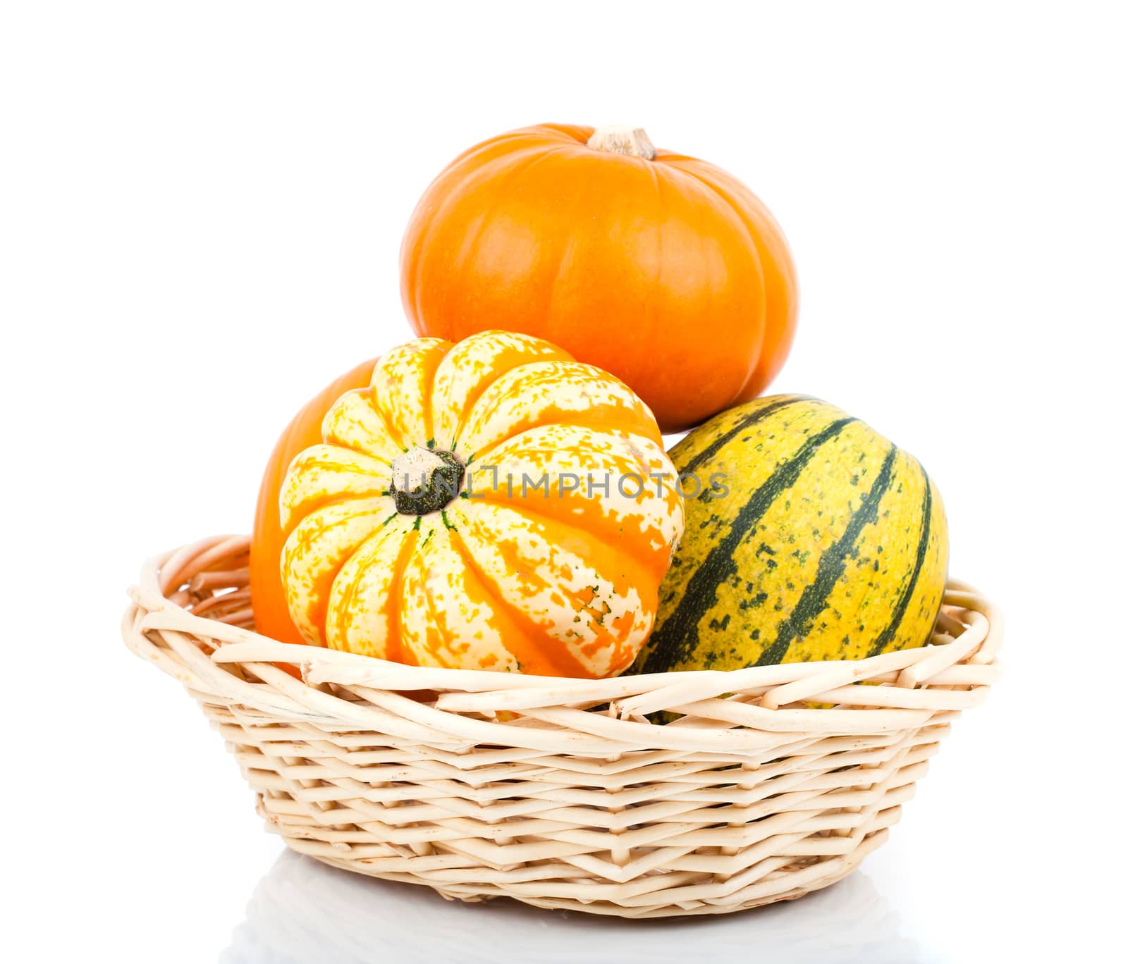 yellow pumpkins vegetables in basket, isolated on white background