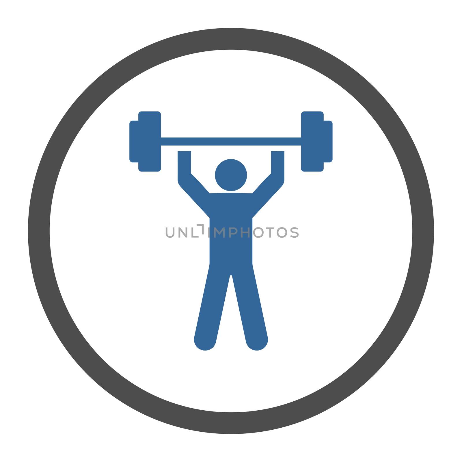 Power lifting glyph icon. This rounded flat symbol is drawn with cobalt and gray colors on a white background.