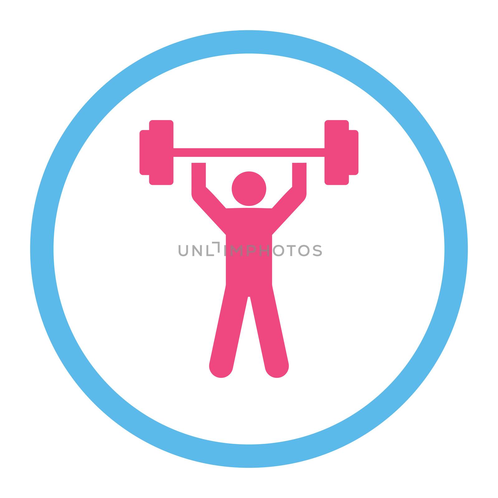 Power lifting glyph icon. This rounded flat symbol is drawn with pink and blue colors on a white background.