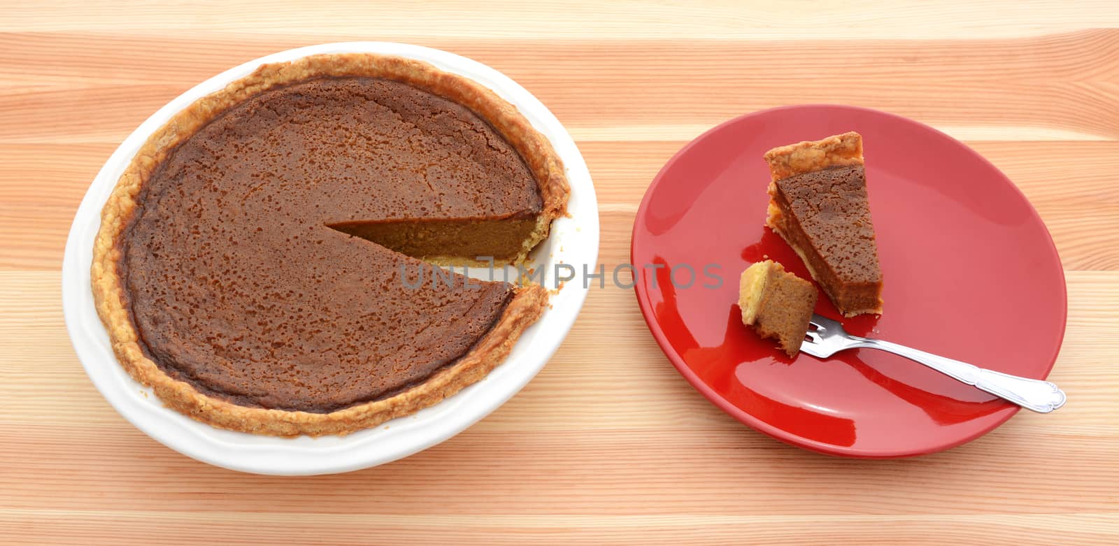 Pumpkin pie for Thanksgiving - a slice on a red plate with a bite ready on the fork