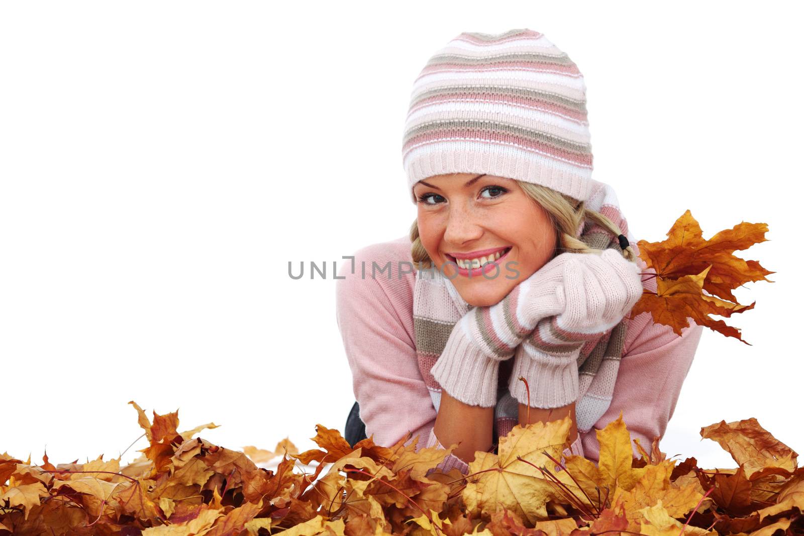 Beautiful woman with autumn leaves isolated on whiite background