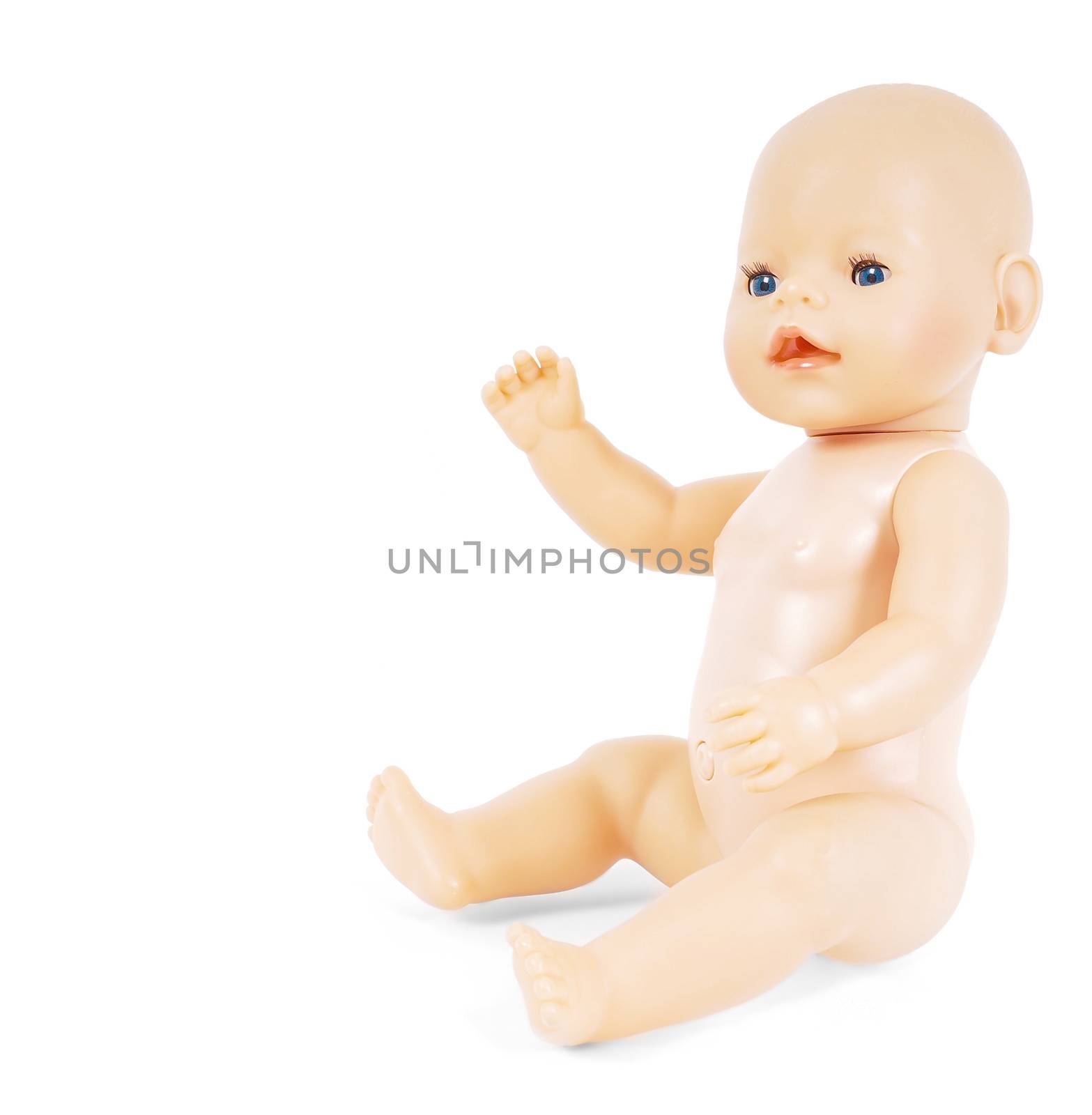 Little naked girl baby doll with blue eyes waving towards white by Arvebettum