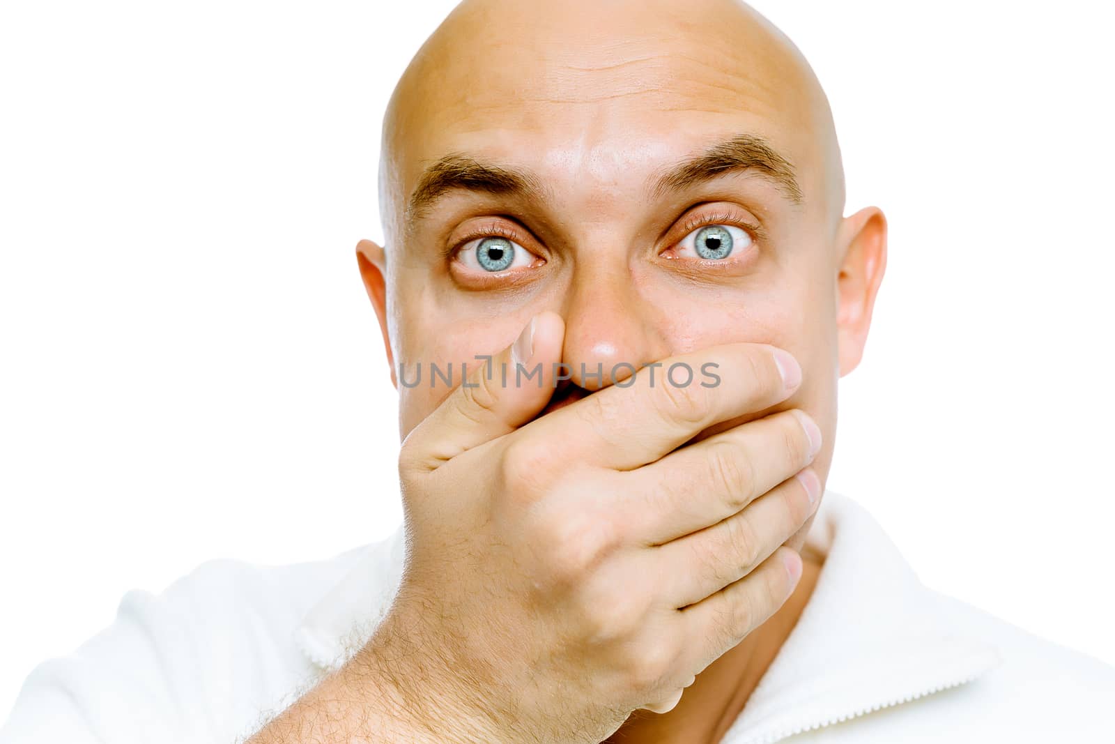 Bald frightened man in a white jacket covers her mouth with his  by pzRomashka