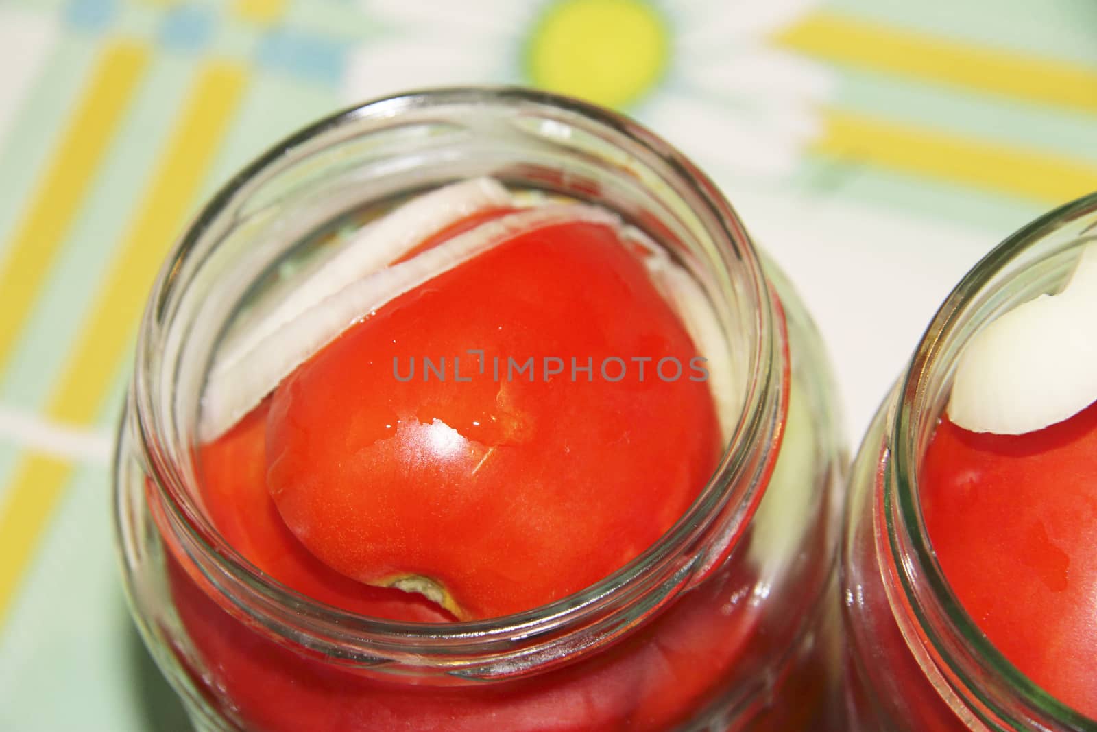 Tasty Tomatoes With Onion Canned In Glass Jars