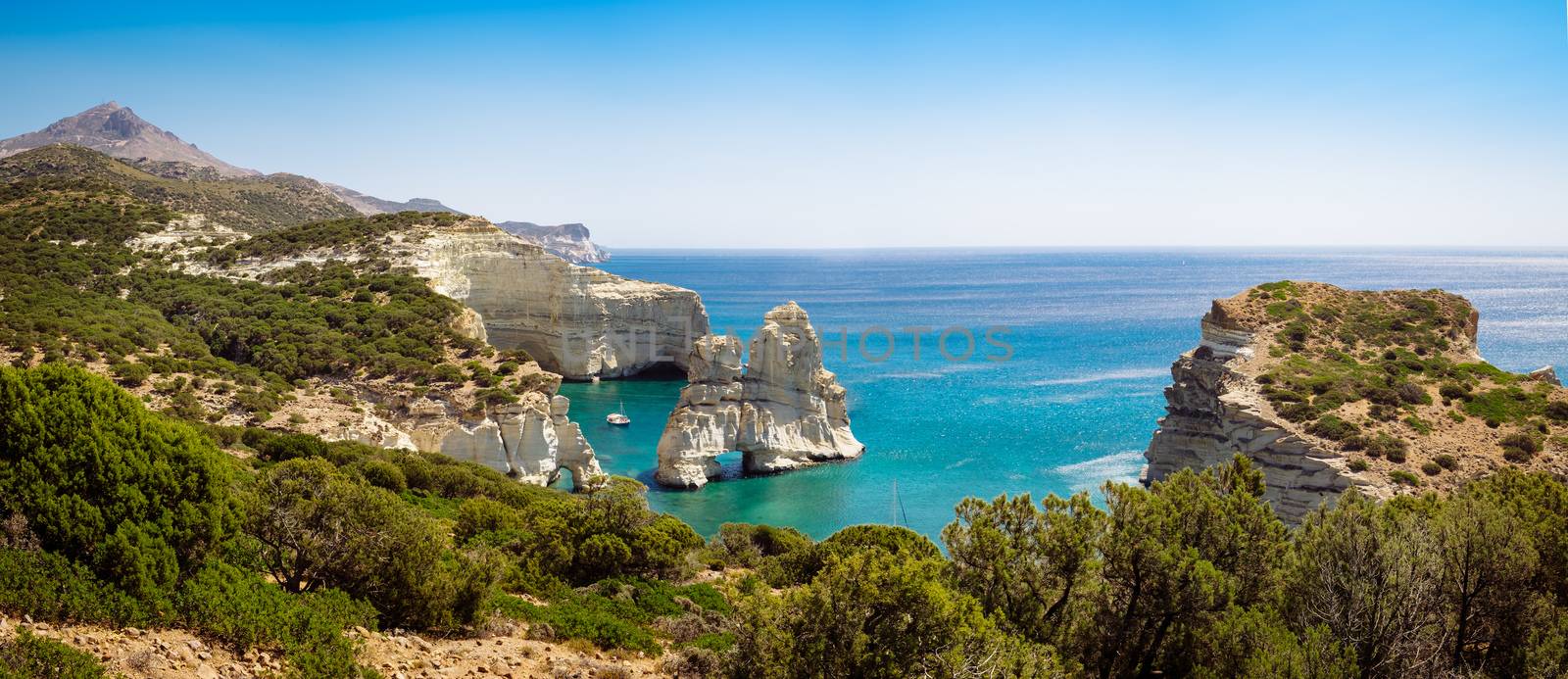 Beautiful panoramic seascape view of Kleftiko rocky coastline on Milos island, Greece