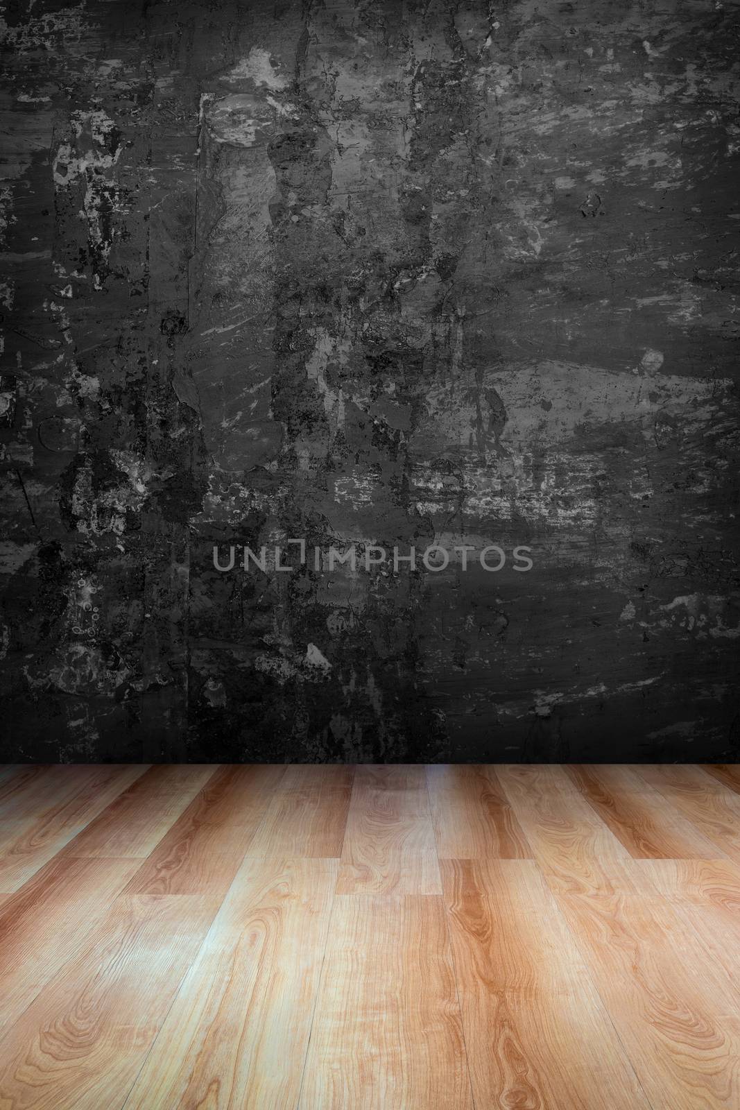 Dark grey grungy concrete wall and wooden floor , use for background