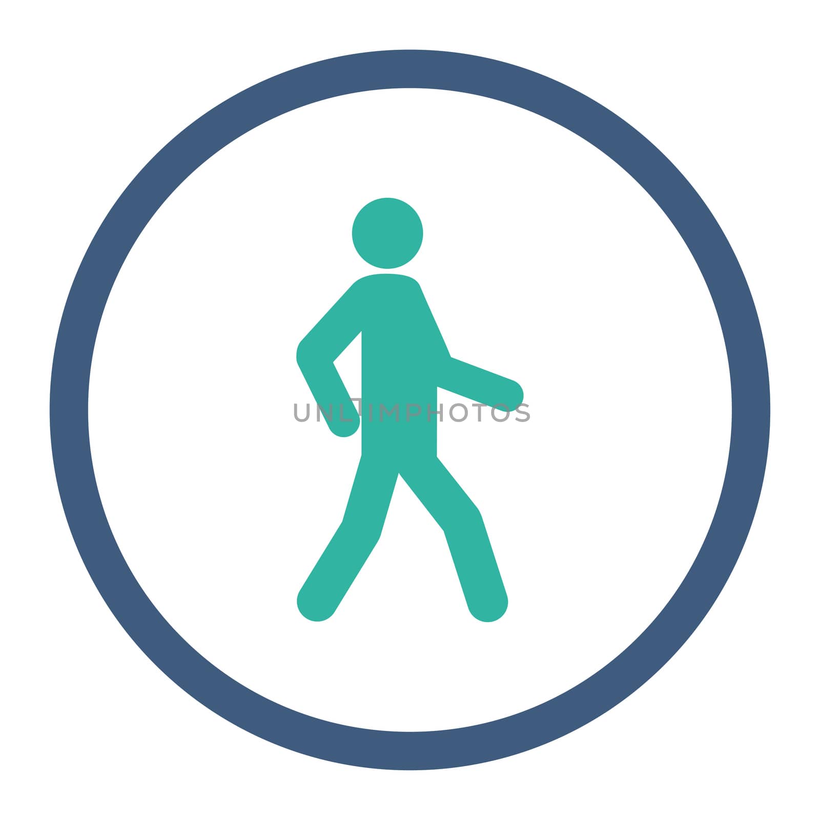 Walking glyph icon. This rounded flat symbol is drawn with cobalt and cyan colors on a white background.