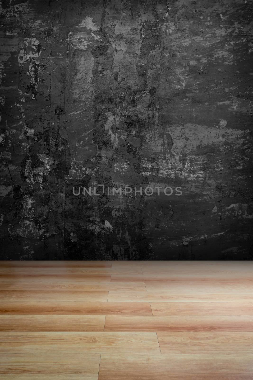 Dark grey grungy concrete wall and wooden floor , use for background
