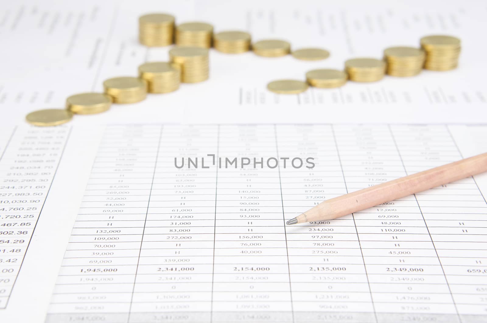Brown pencil have blur step of gold coins on finance account as background.