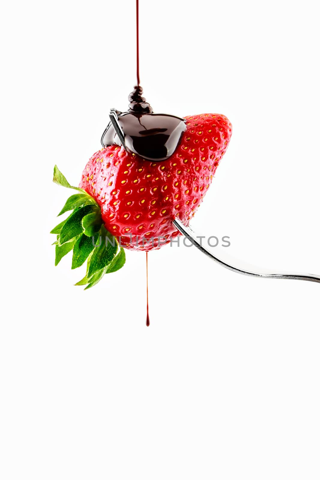 Strawberry on fork falling liquid chocolate on a white background.Vertical image