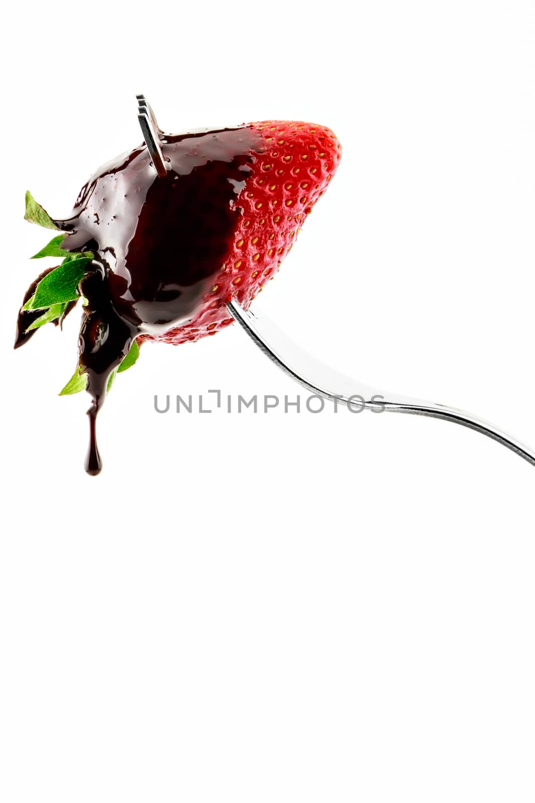 Strawberry on fork with  liquid chocolate on a white background.Vertical image