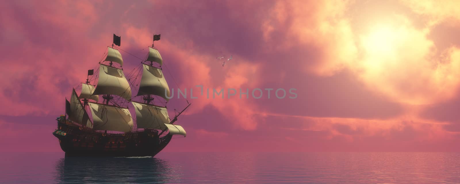 Sunset skies find a galleon ship sailing on rosy ocean waters to a far port destination.