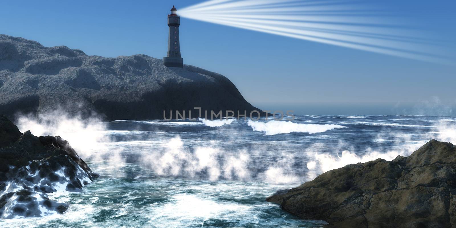 A lighthouse on a steep cliff sends out a lightbeam to warn of danger to passing ships