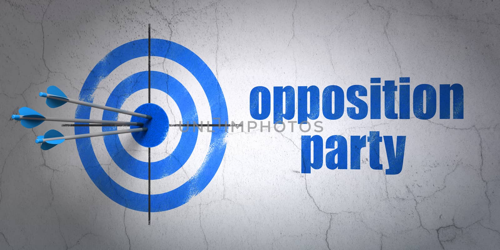 Success political concept: arrows hitting the center of target, Blue Opposition Party on wall background