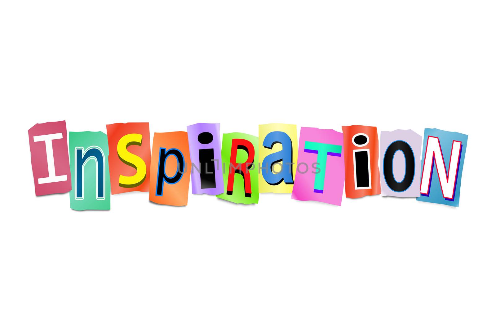 Illustration depicting a set of cut out printed letters arranged to form the word inspiration.