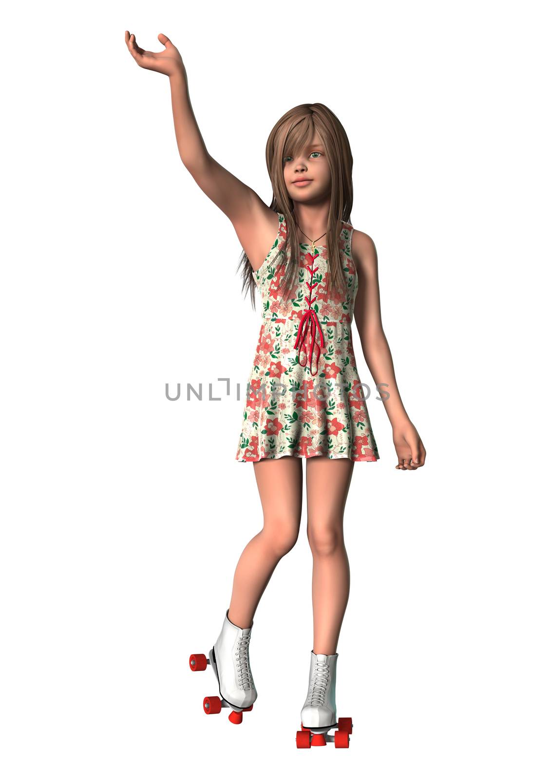 3D digital render of a cute girl on inline skates isolated on white background