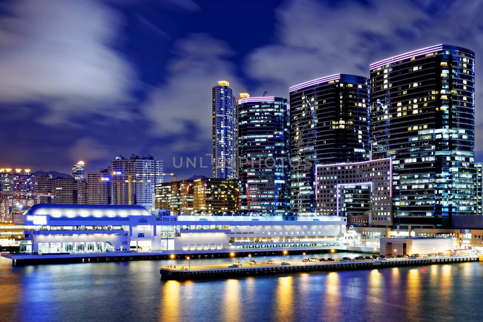 hong kong office buildings at night