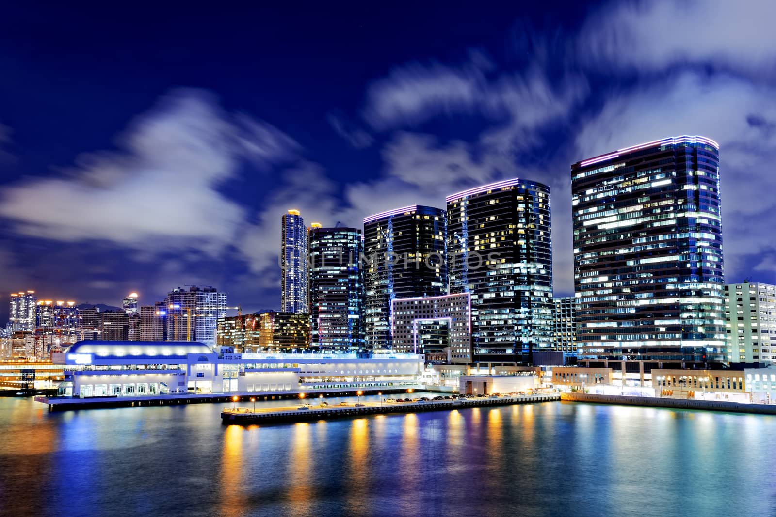 hong kong office buildings at night