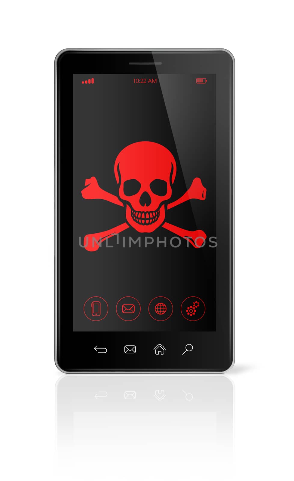 3D smart phone with a pirate symbol on screen. Hacking concept