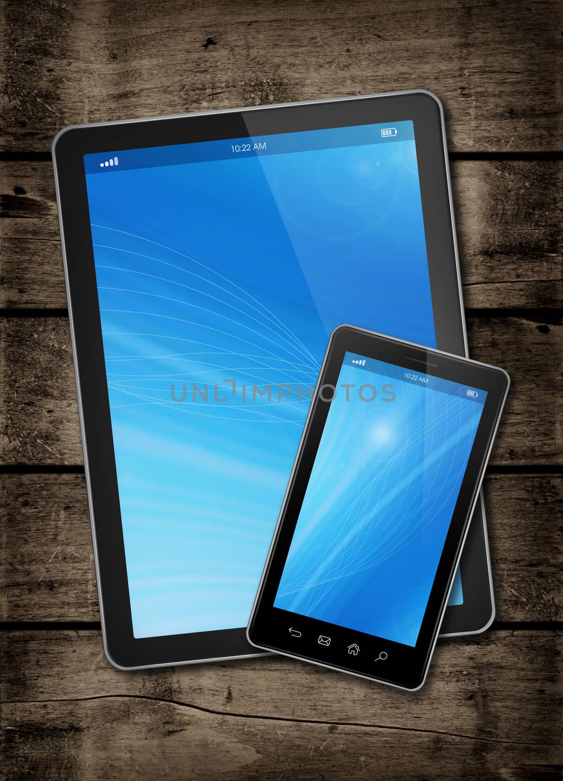 Smartphone and digital tablet PC on a dark wood table - vertical office mockup