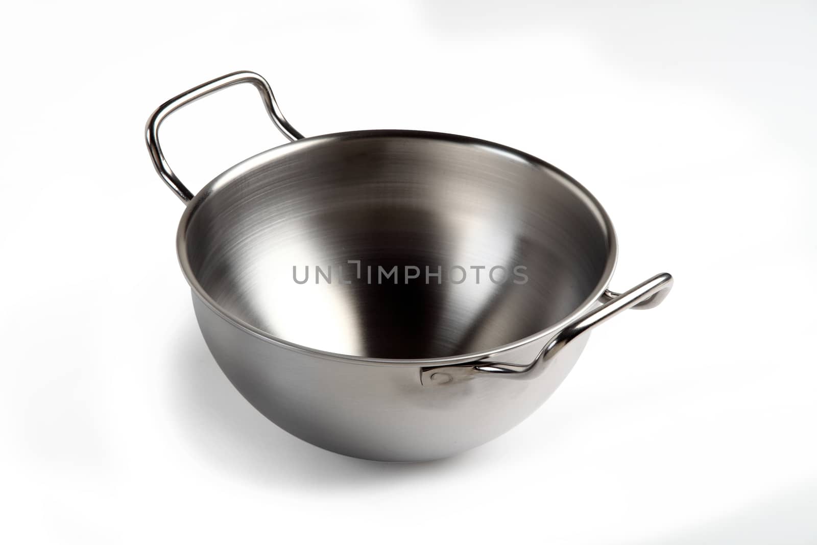 steel pot with two handles on white background