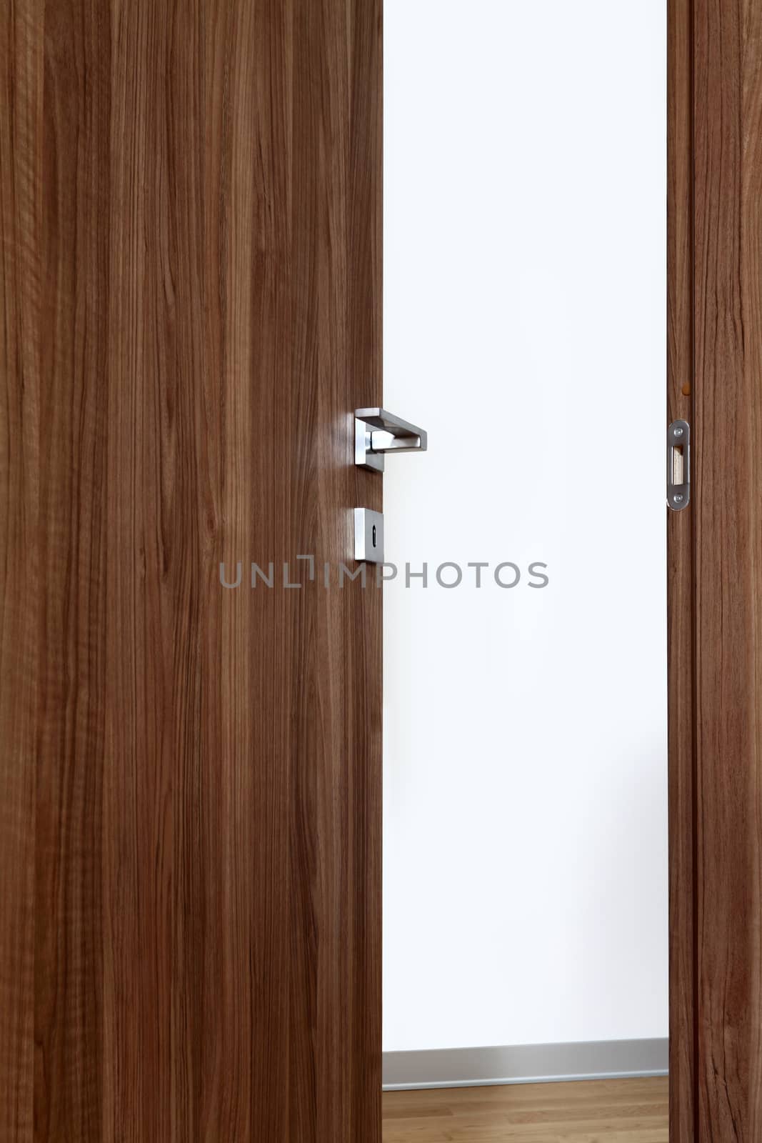 colored wooden door open, with the handle, on white background