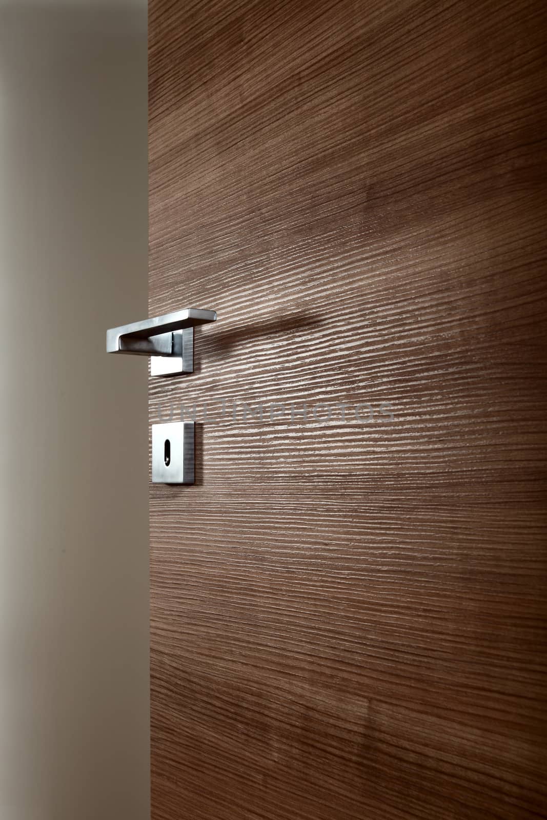 colored wooden door open, with the handle, on white background