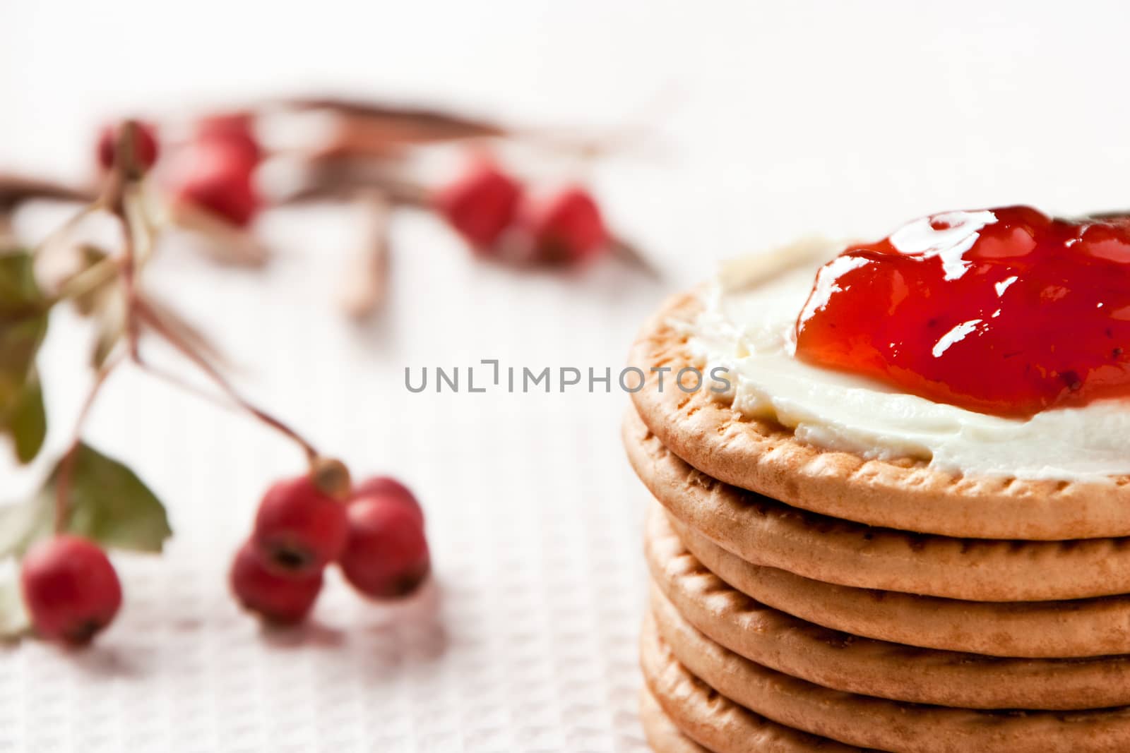 Cookies with cream cheese, strawberry jam and cranberries around