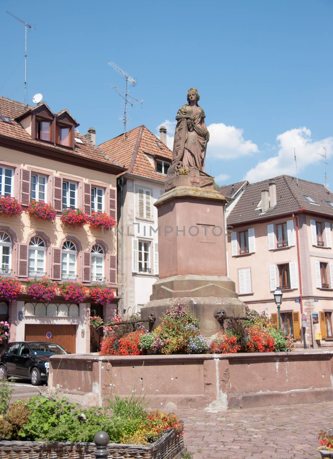 Wine road town Ribeauville with romantic architecture