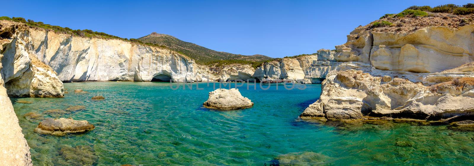 Panoramic view of rocky coastline and turqouise water, Kleftiko, Milos island, Greece