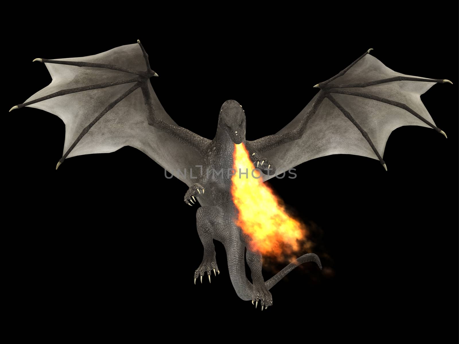 A fierce dragon with huge teeth and claws breathes fire as a weapon as he rises with outspread wings.