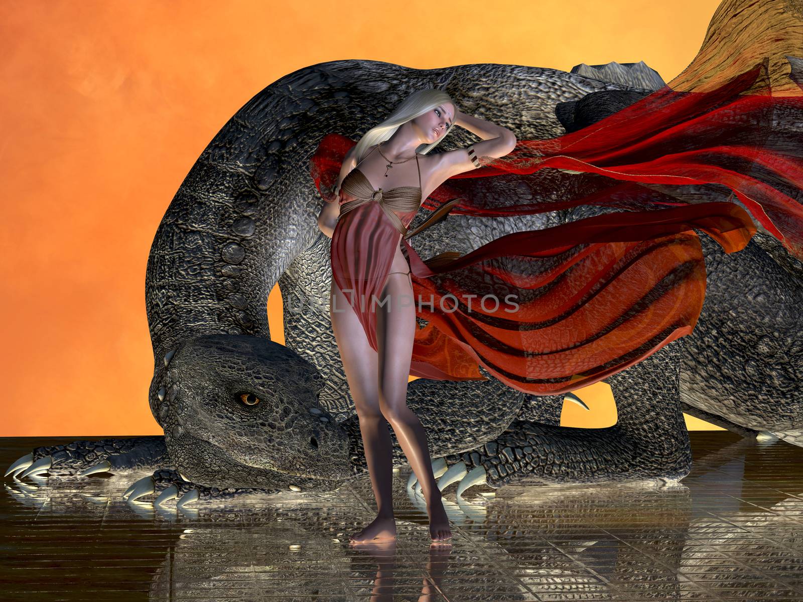 A dragon remains at the side of a fairy in a red dress to protect her from any enemies.