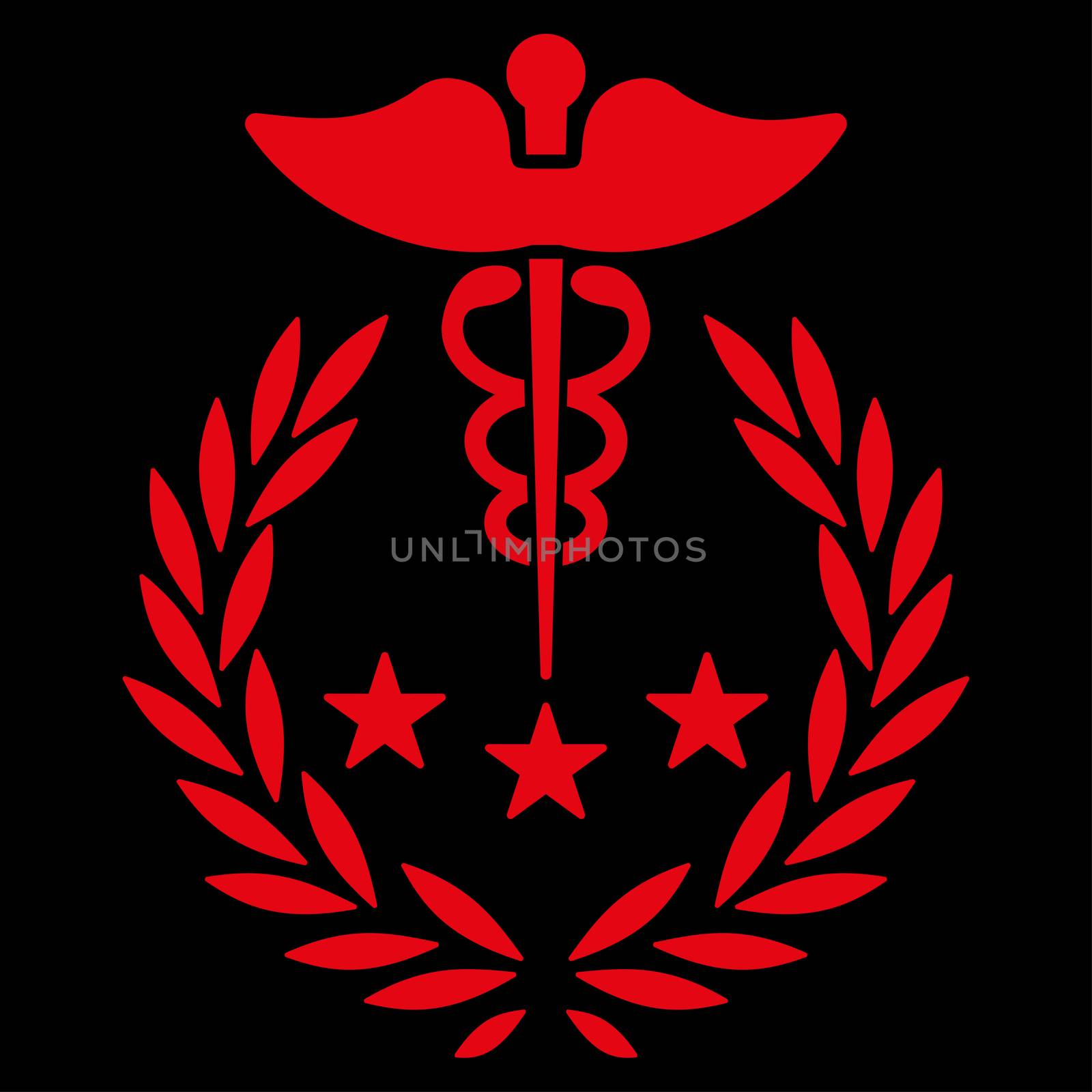 Caduceus Logo raster icon. Style is flat symbol, red color, rounded angles, black background.