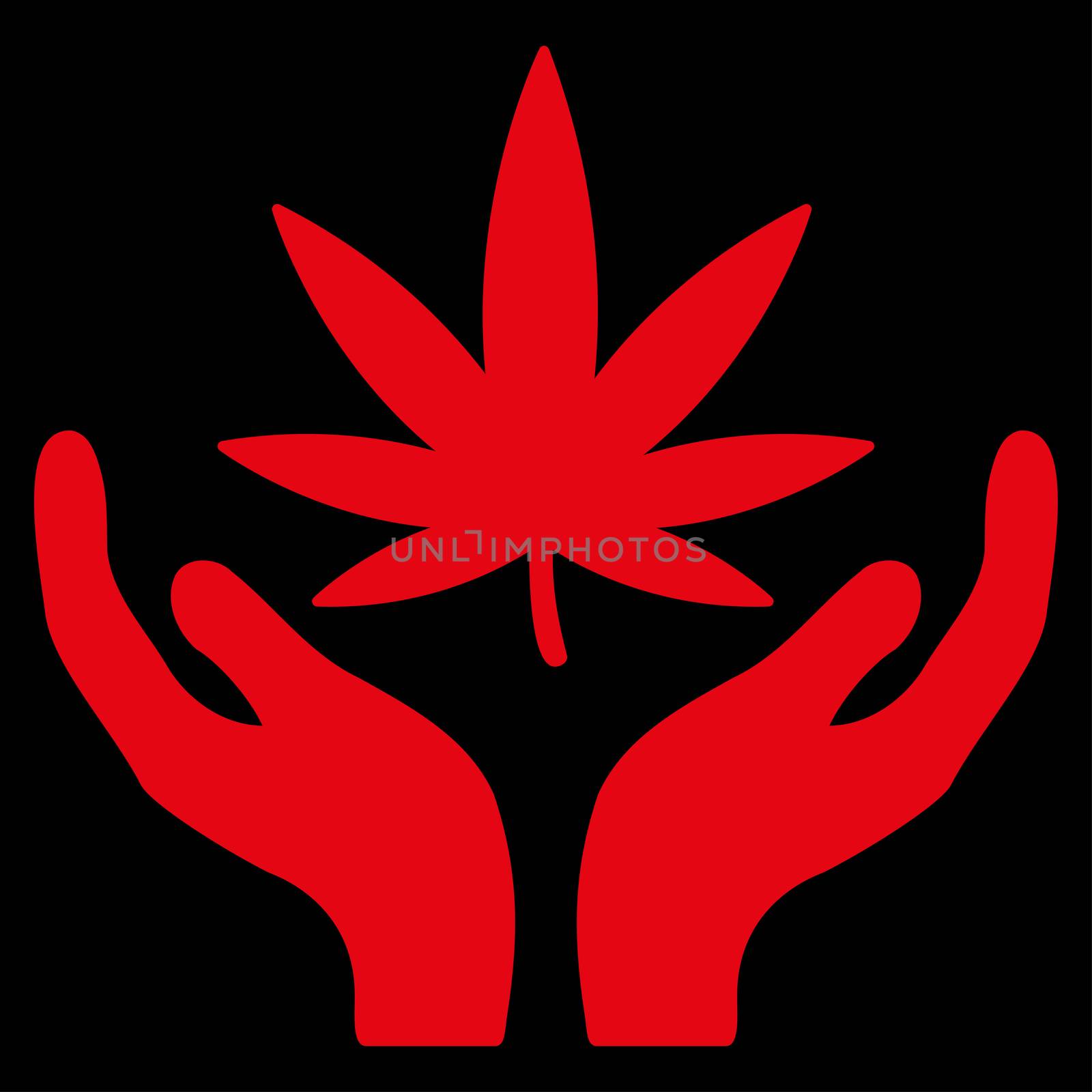 Cannabis Care raster icon. Style is flat symbol, red color, rounded angles, black background.
