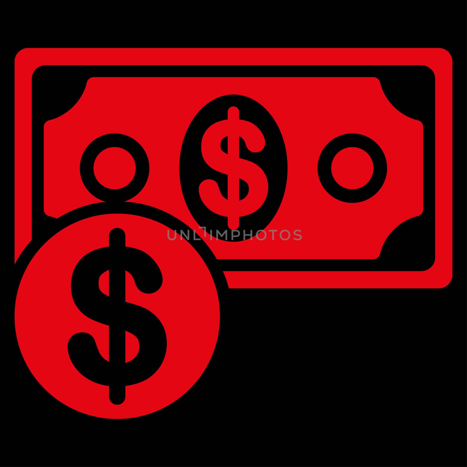 Cash raster icon. Style is flat symbol, red color, rounded angles, black background.